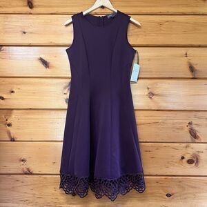 DONNA RICCO Round Neck Size 6 Deep Purple Sleeveless Fit & Flare Decorative Hem